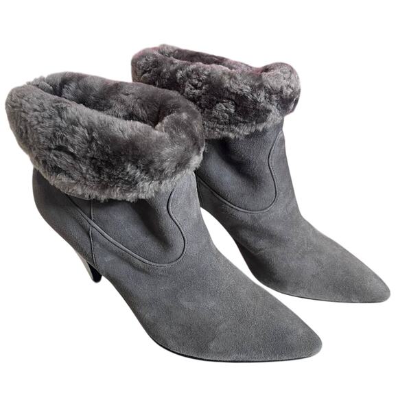 NIB! Sigerson Morrison 9.5 Suede Western Ankle Boots Shearling Cone Heels Gray - Picture 4 of 10